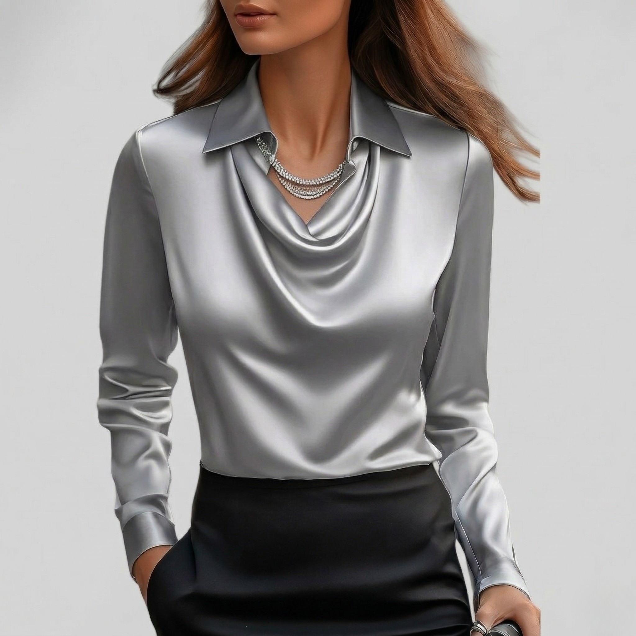 Blouse Femme Élégante Col Cascade Manches Longues