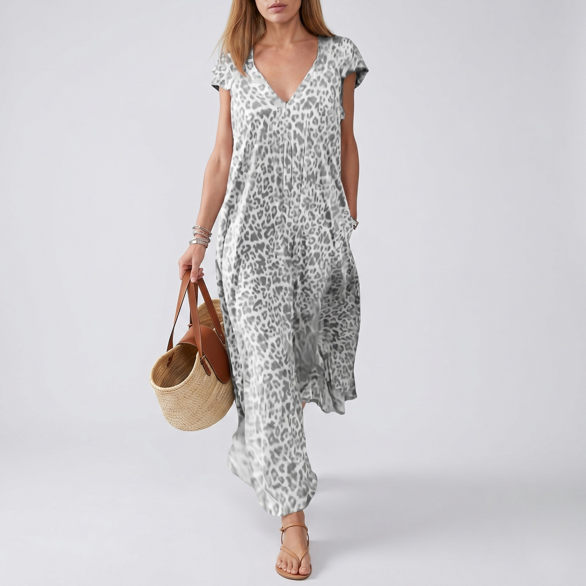 Robe Longue Imprimée Col V Femme Robe Maxi Été à Manches Courtes