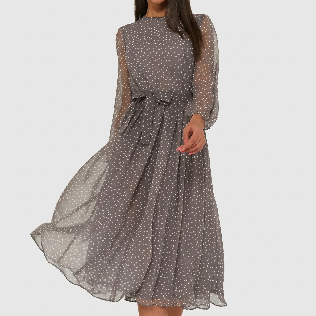 Robe Midi Femme à Pois Robe Élégante Manches Longues Évasée