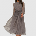 Robe Midi Femme à Pois Robe Élégante Manches Longues Évasée