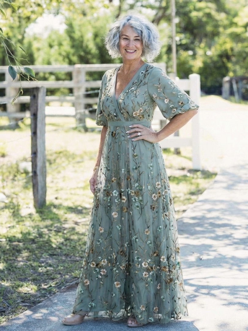 Evadne | Robe maxi à manches courtes et décolleté en V fleuri