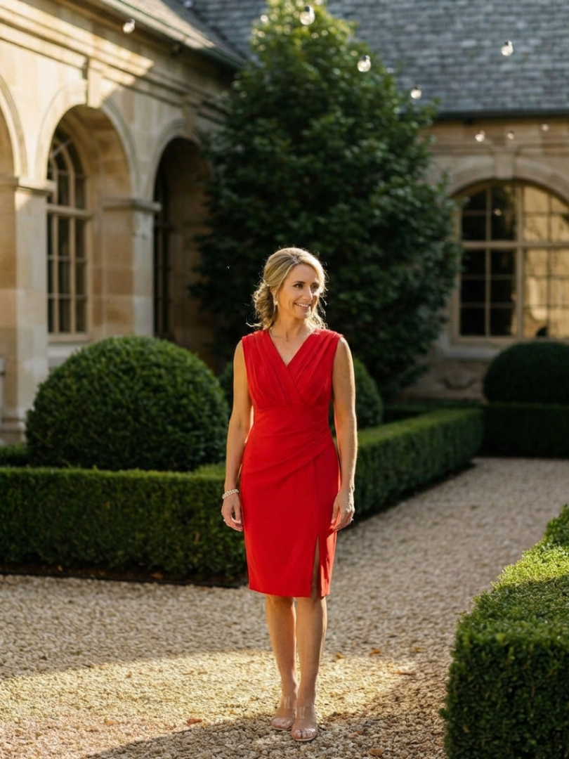Vanessa | Robe sans manches à décolleté en V et longueur genou avec fente avant