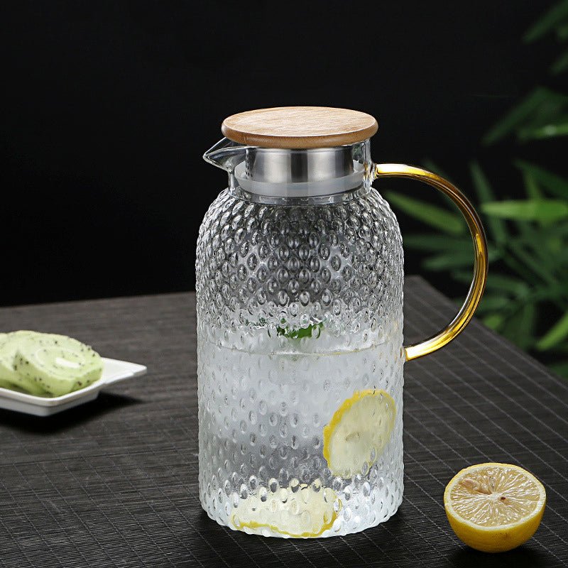 Pichet en verre texturé résistant à la chaleur avec couvercle en bambou – Élégant pichet de service pour boissons chaudes et froides