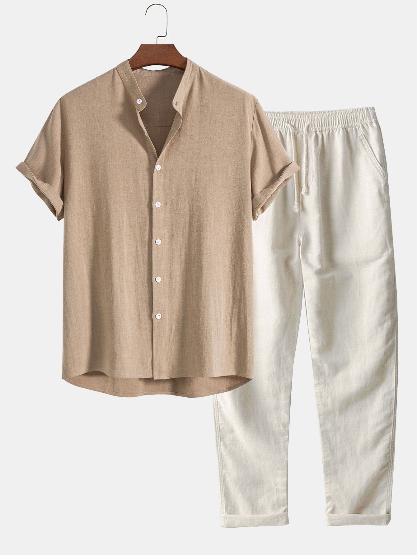 Ensemble Vêtements pour Hommes Chemise à Manches Courtes avec Col Montant et Pantalon avec Cordon de Serrage