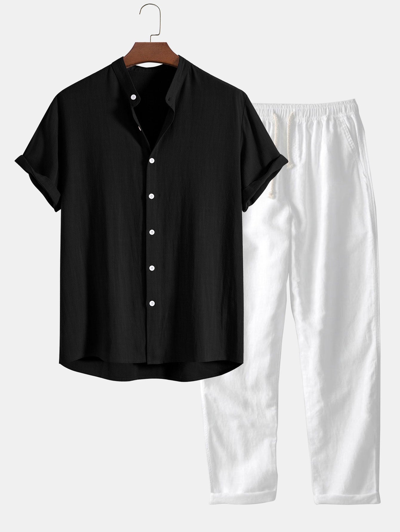 Ensemble Vêtements pour Hommes Chemise à Manches Courtes avec Col Montant et Pantalon avec Cordon de Serrage