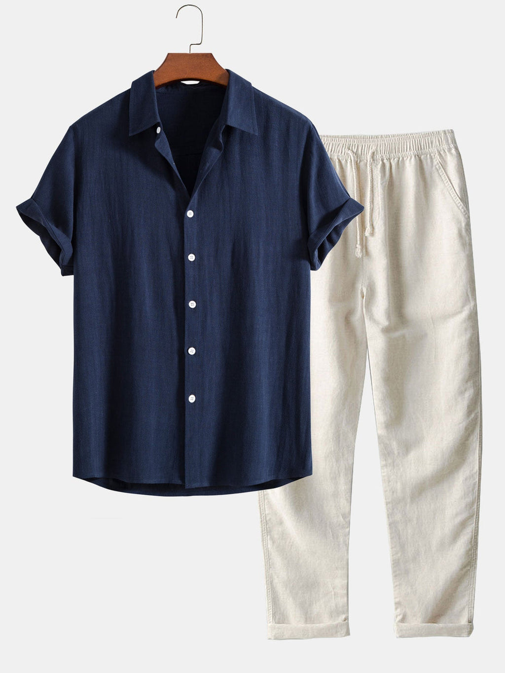 Ensemble Vêtements pour Hommes Chemise à Manches Courtes avec Col Montant et Pantalon avec Cordon de Serrage