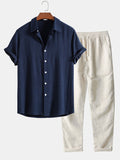 Ensemble Vêtements pour Hommes Chemise à Manches Courtes avec Col Montant et Pantalon avec Cordon de Serrage