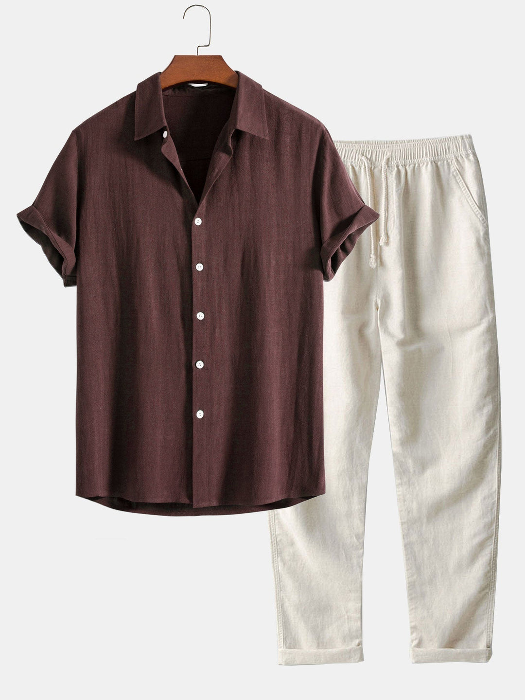 Ensemble Vêtements pour Hommes Chemise à Manches Courtes avec Col Montant et Pantalon avec Cordon de Serrage