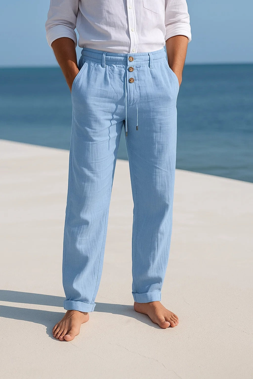 Pantalon Long pour Homme avec Fermeture à Boutons et Ceinture à Cordon