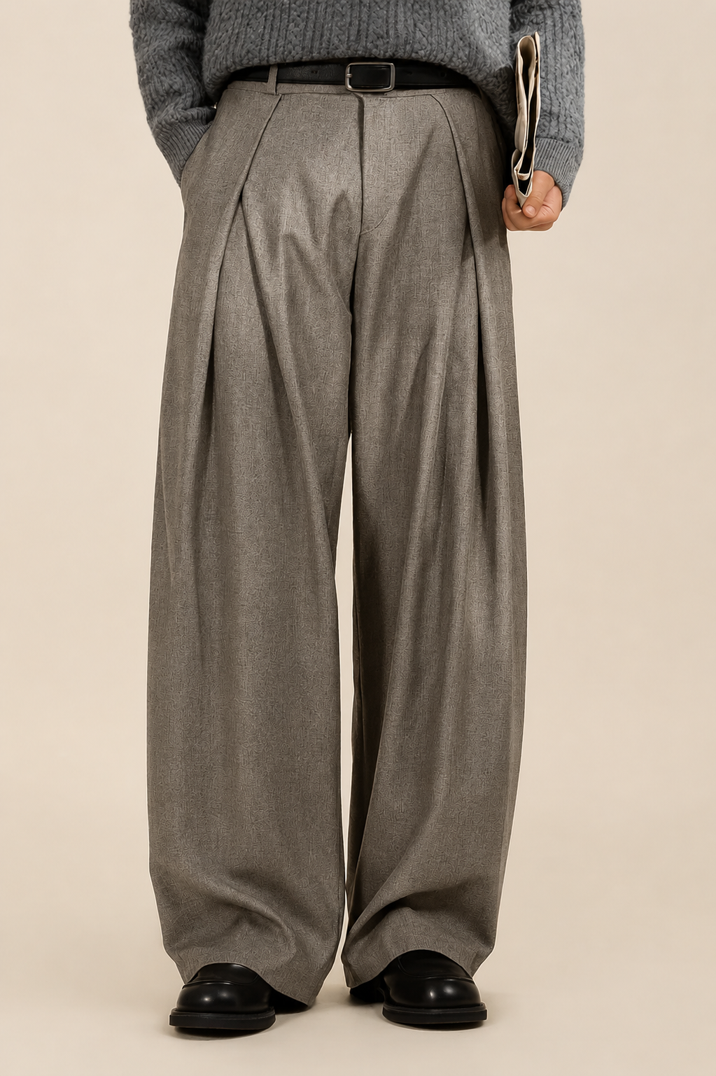 Pantalon Homme Taille Haute, Pli Double et Jambe Large