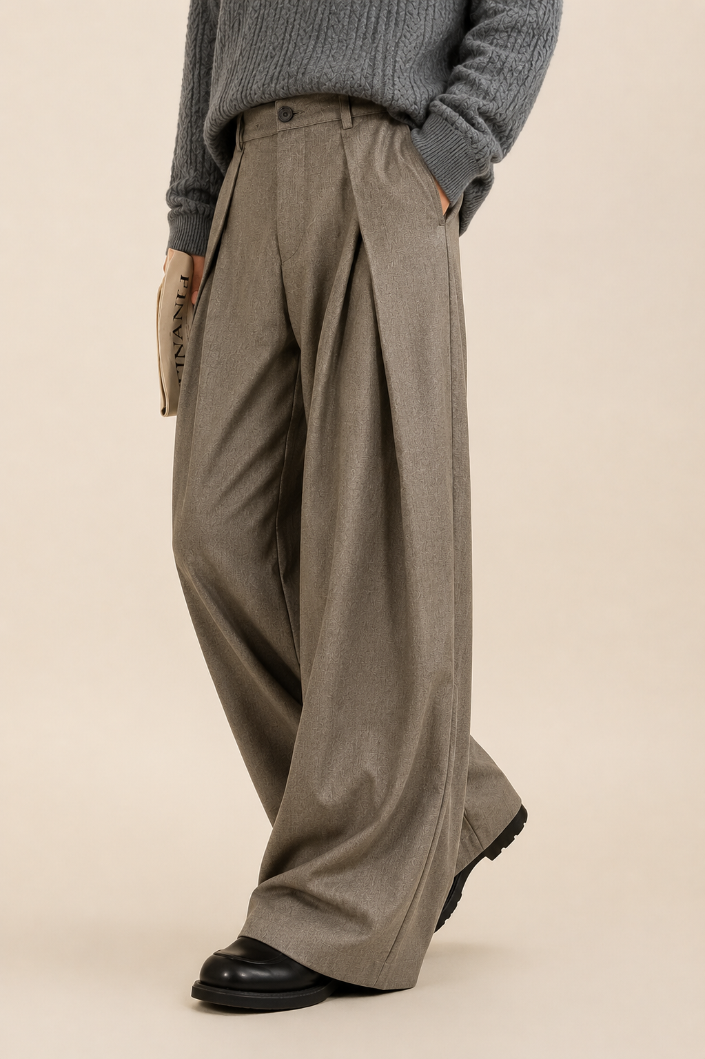 Pantalon Homme Taille Haute, Pli Double et Jambe Large