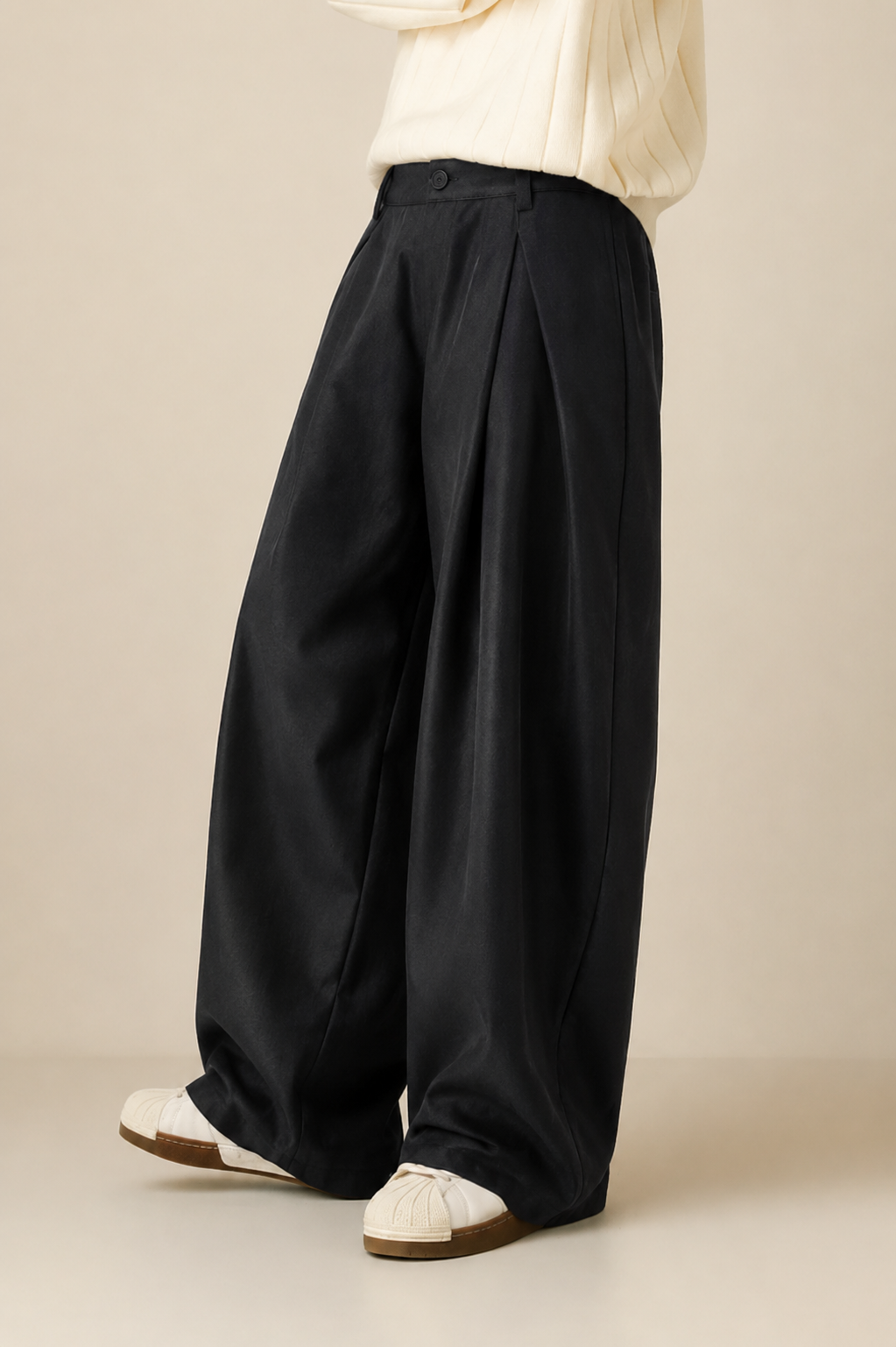 Pantalon Homme Taille Haute, Pli Double et Jambe Large