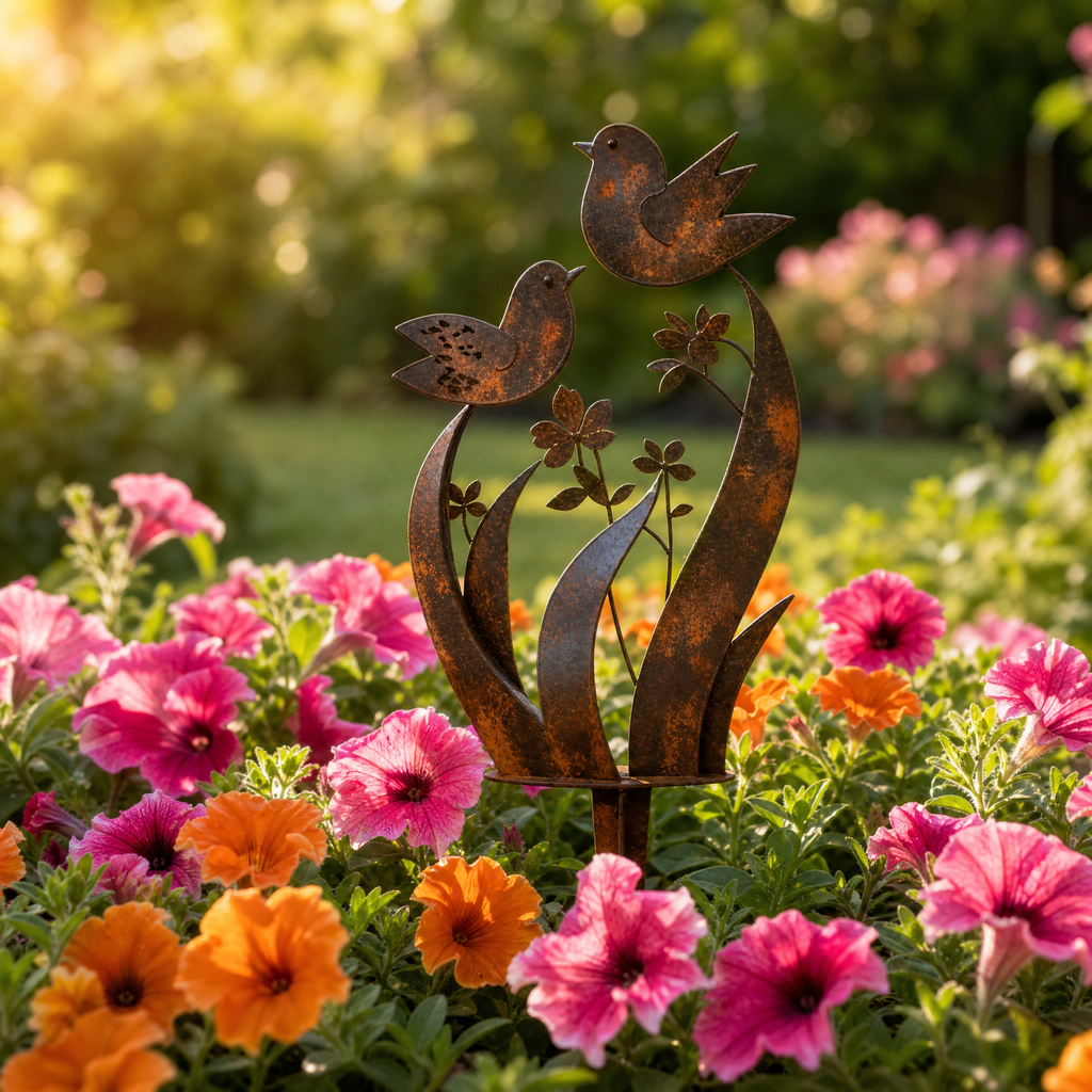 Lark & Iron – Piquet de Jardin Rustique avec Oiseau et Fleurs Sauvages