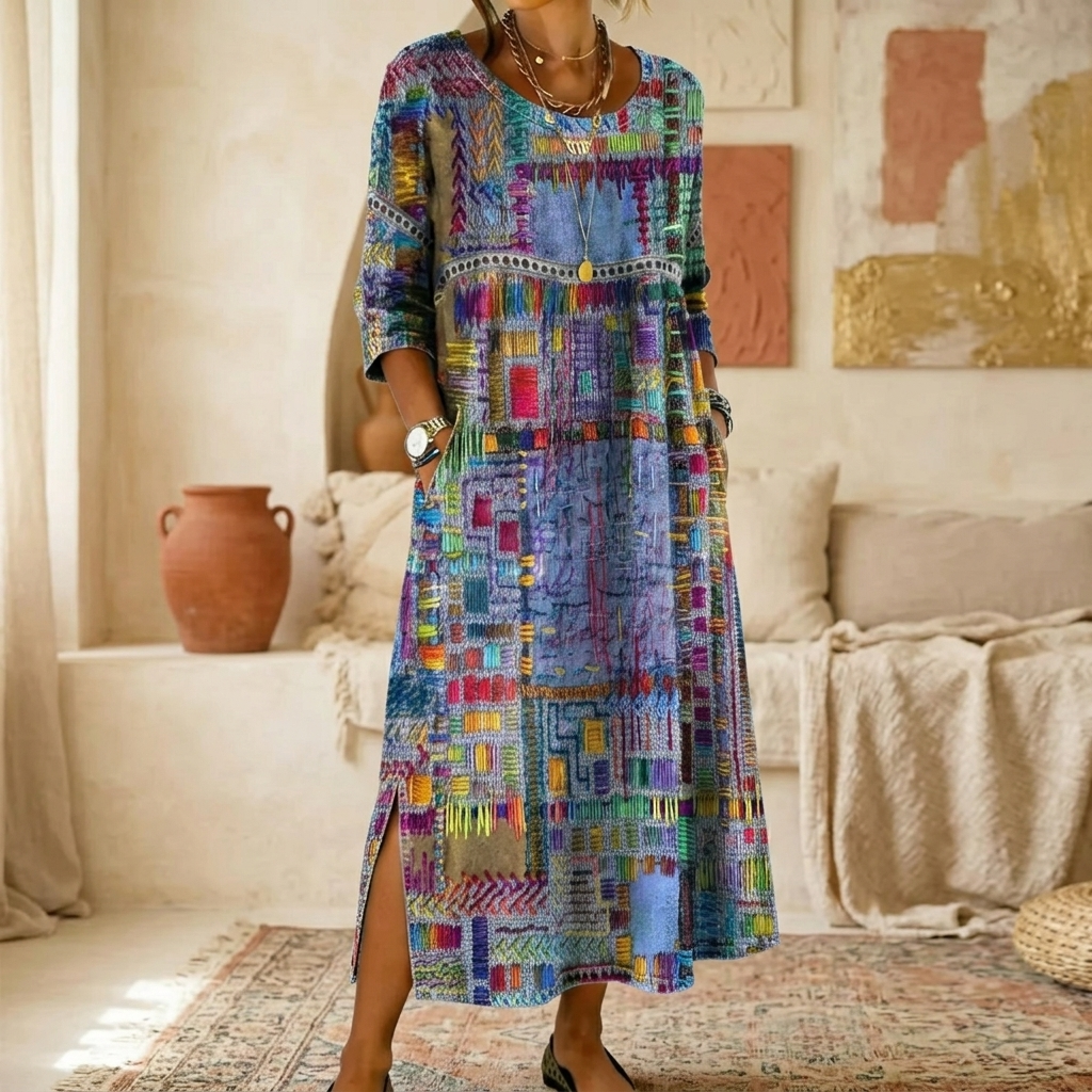 Tessara – Robe midi imprimée artisanale pour femmes avec poches