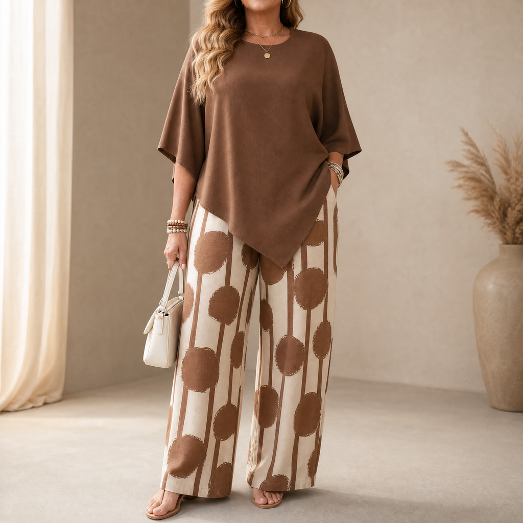 Luna – Ensemble 2 pièces drapé asymétrique pour femmes avec pantalons imprimés à jambes larges