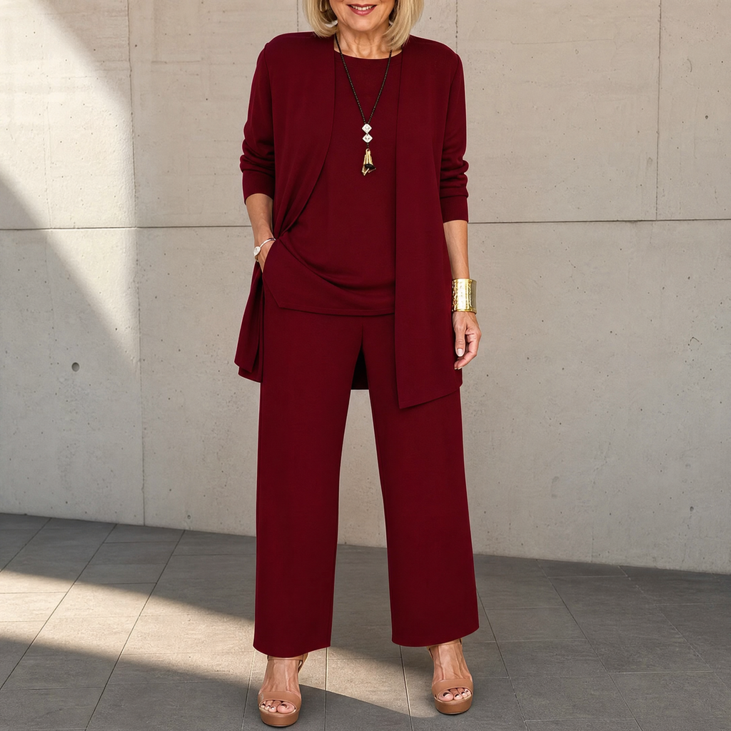 Maevelle – Ensemble Élégant 3 Pièces pour Femmes avec Cardigan Drapé