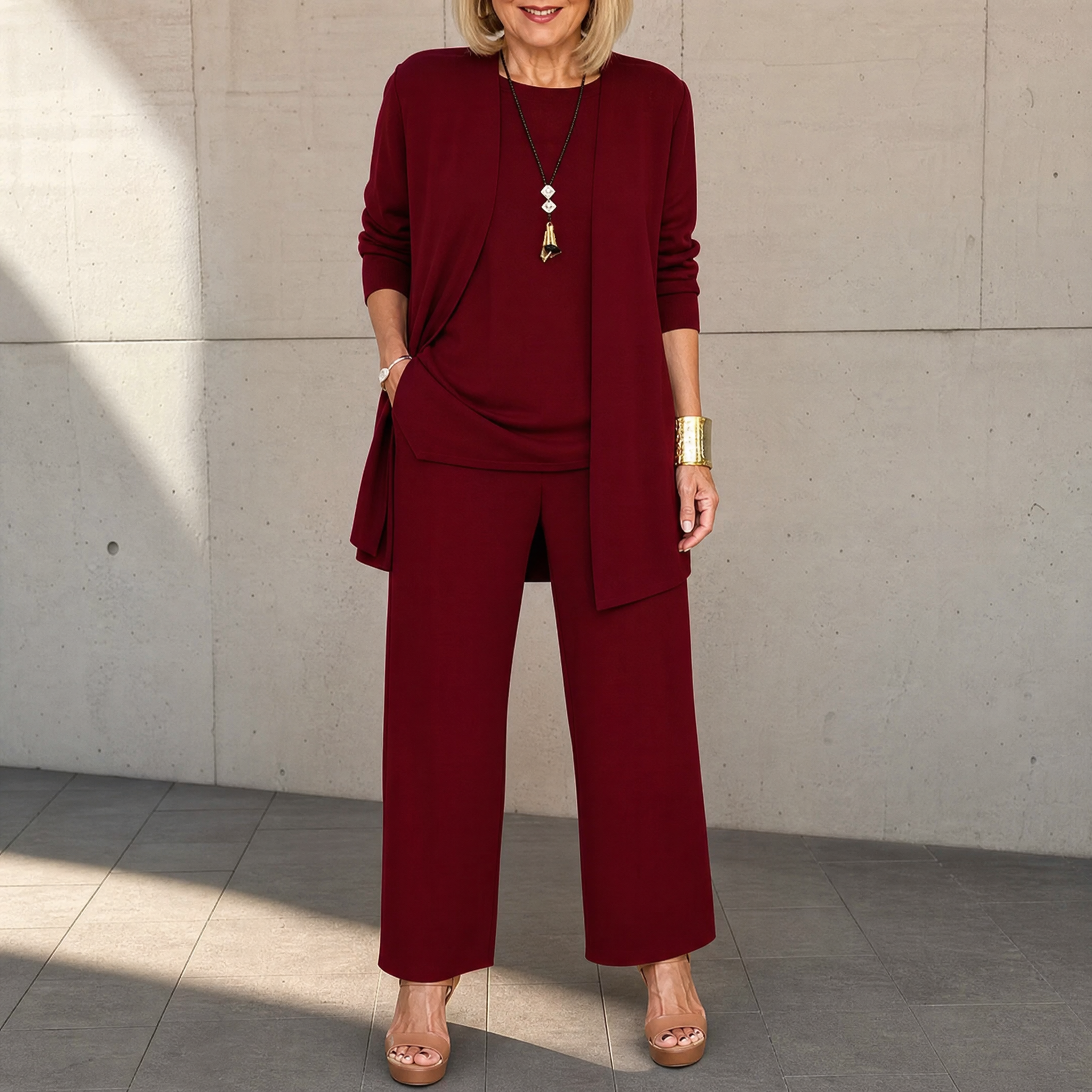 Maevelle – Ensemble Élégant 3 Pièces pour Femmes avec Cardigan Drapé