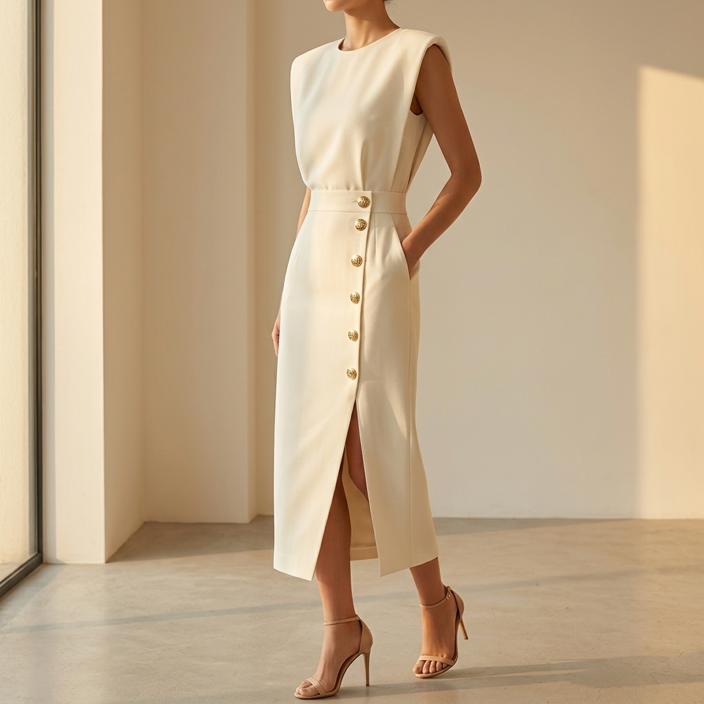Velora – Robe Midi Fendue à Boutons Dorés pour Femmes