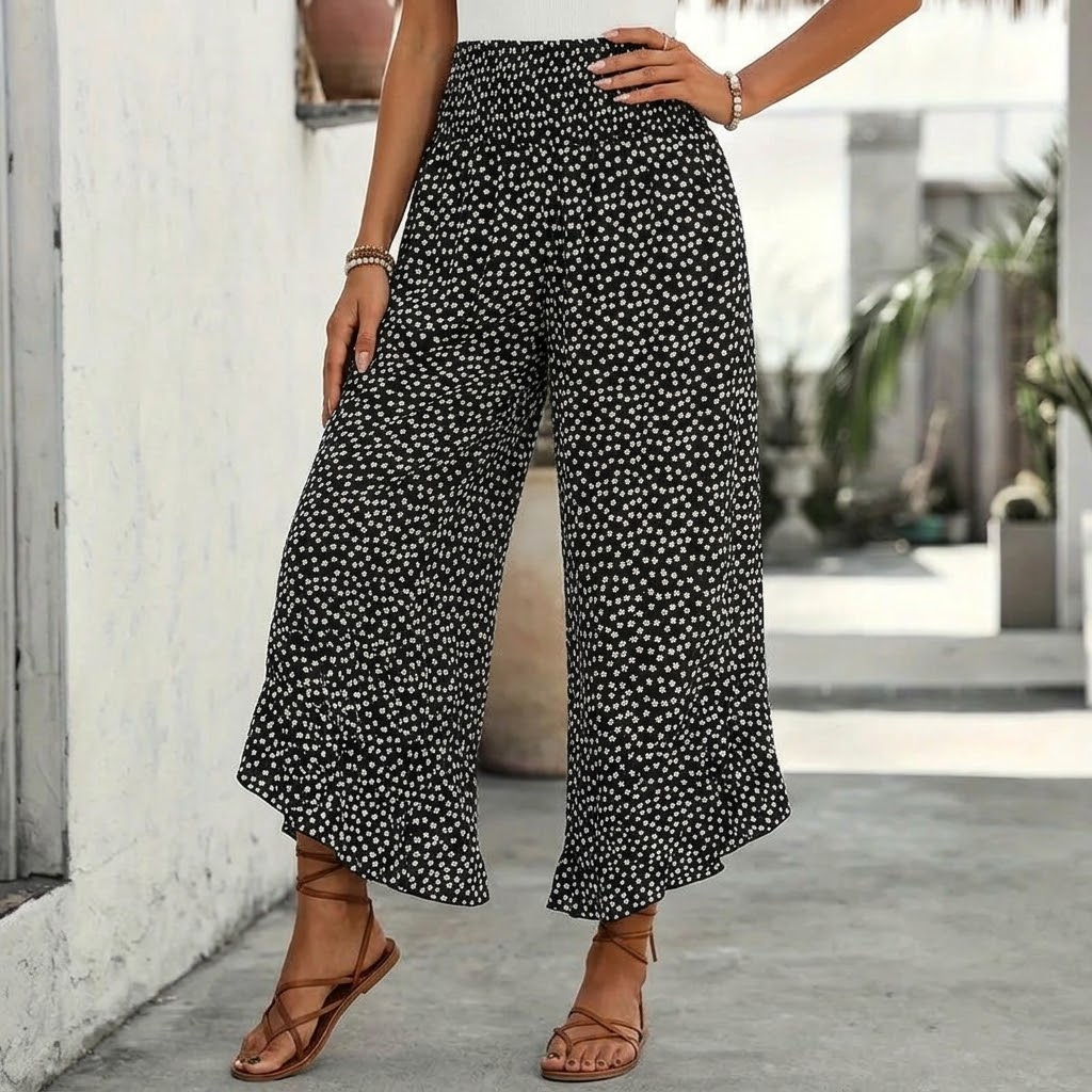 Velura – Pantalon large à volants smockés