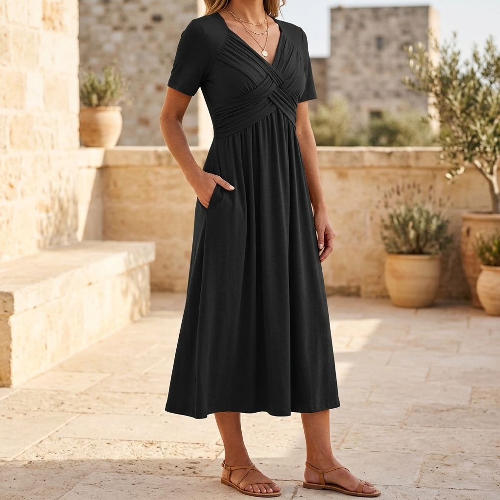 Veluna – Robe midi croisée à col en V avec poches