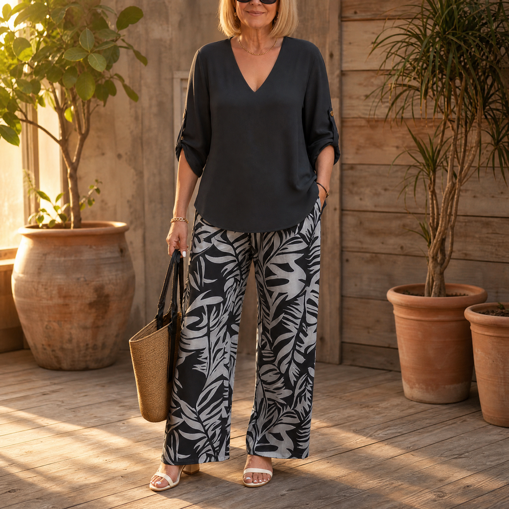 Lark & Palm – Ensemble top à col en V pour femmes et pantalon large à imprimé feuilles