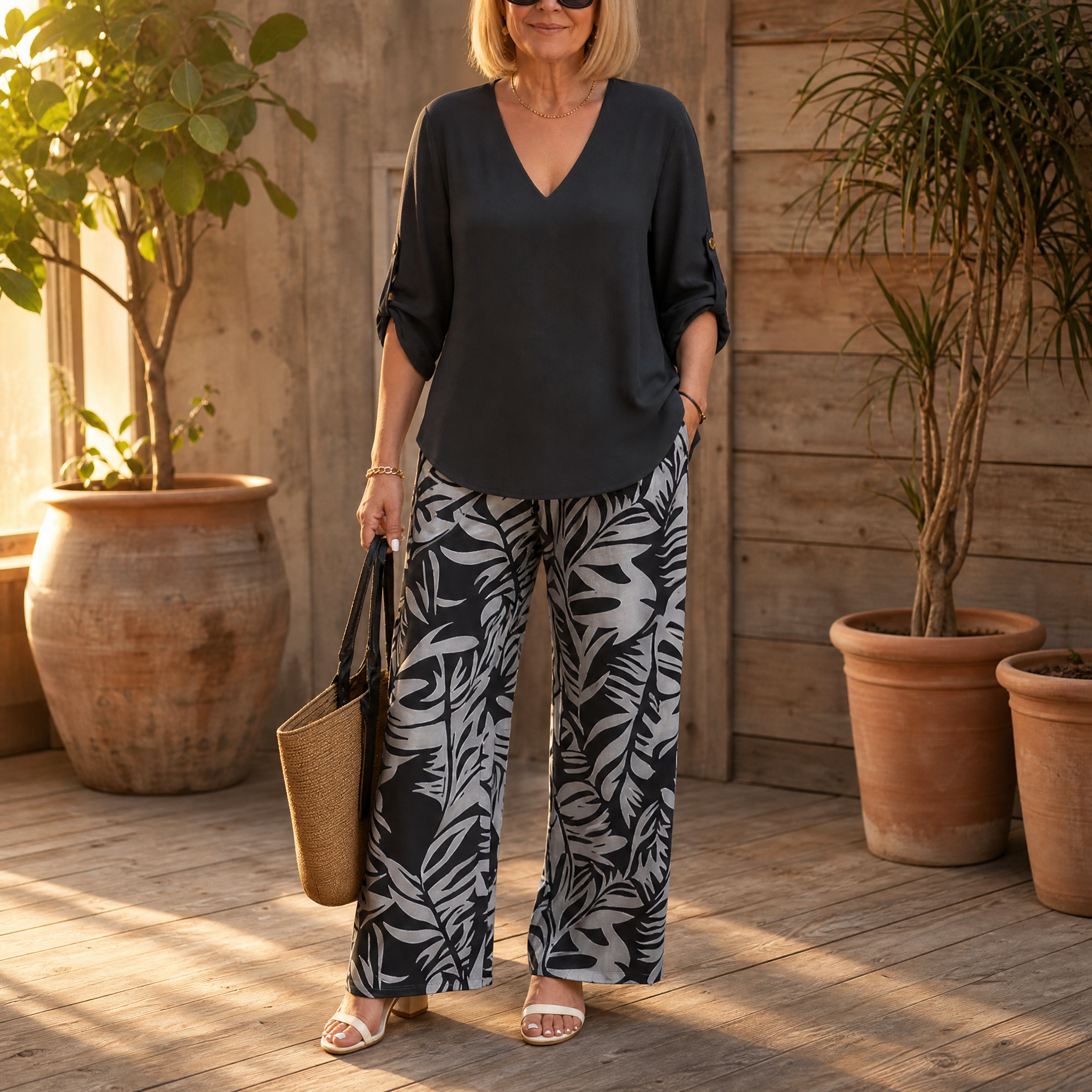 Lark & Palm – Ensemble top à col en V pour femmes et pantalon large à imprimé feuilles