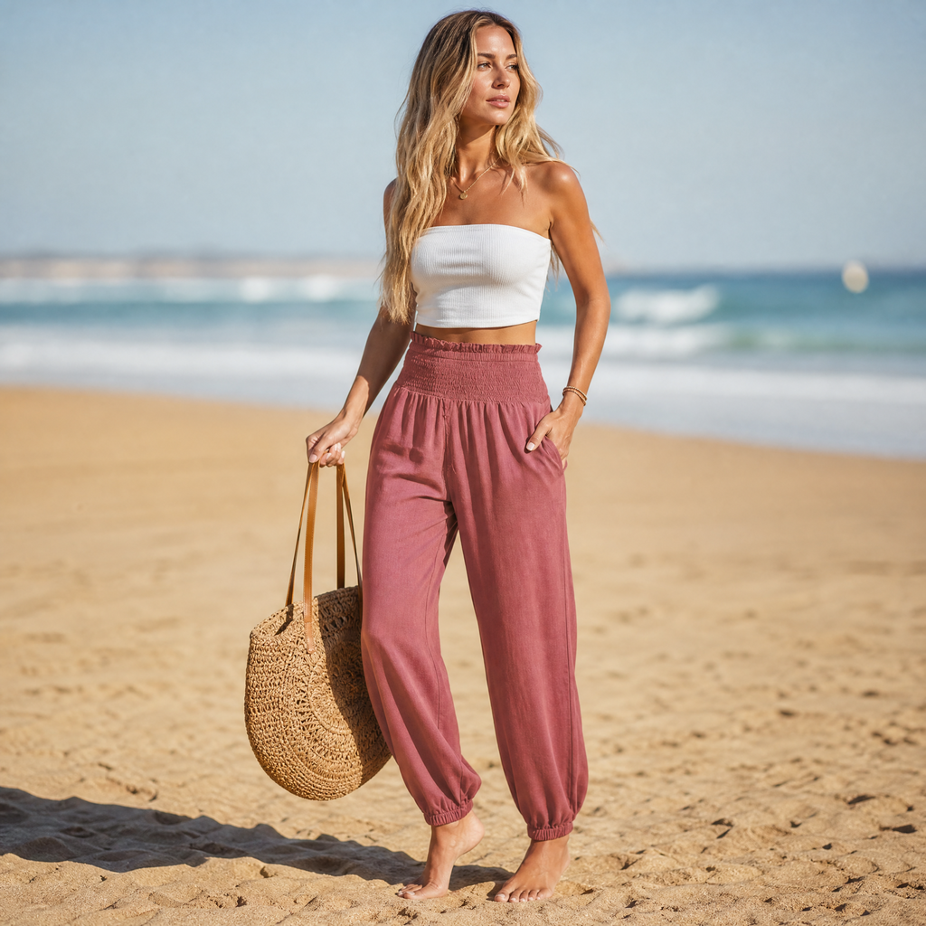 Breesa – Pantalon d'été taille haute à smocks