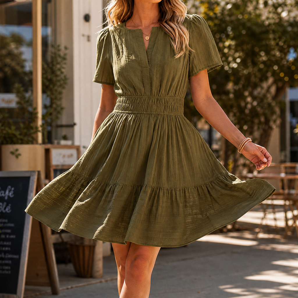 Robe Mini à Volants avec Taille Smockée Solenna