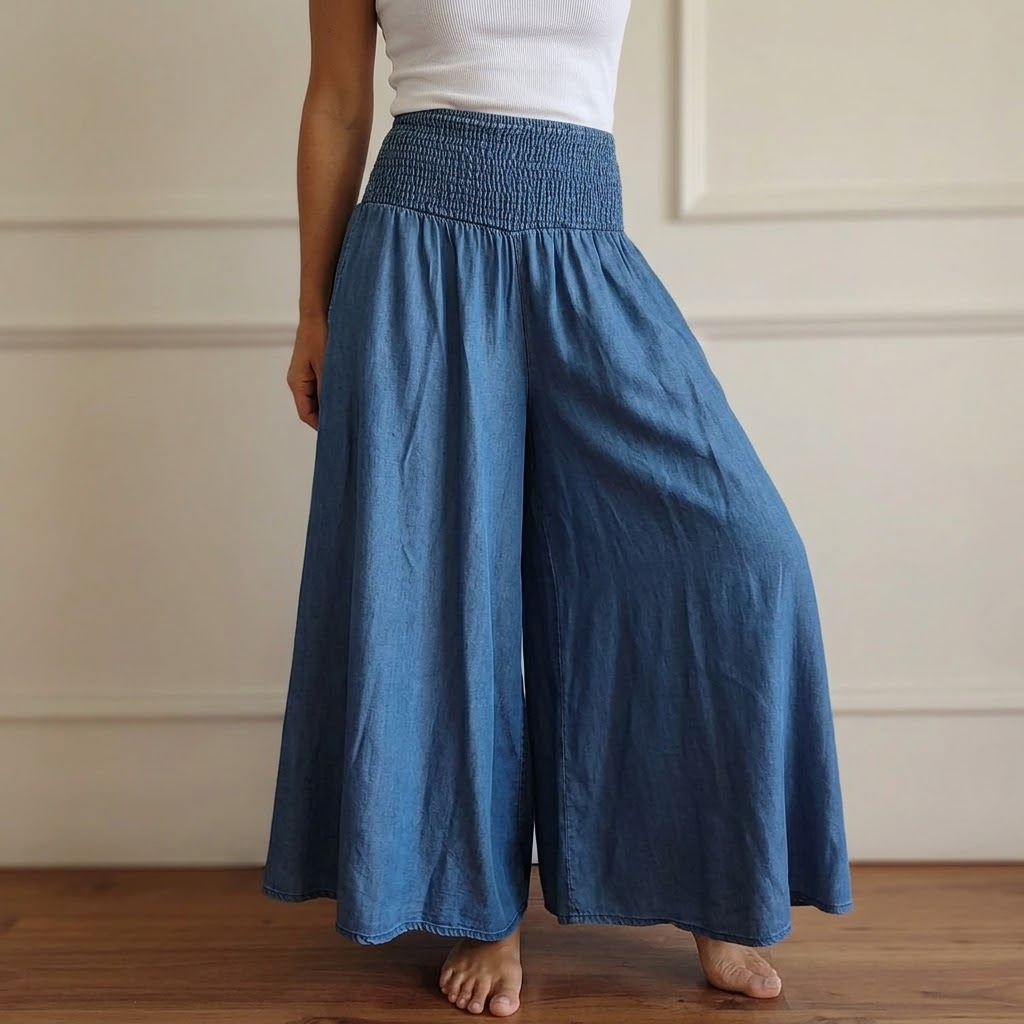 Palazza – Pantalons Palazzo à Taille Smockée et Jambes Amples