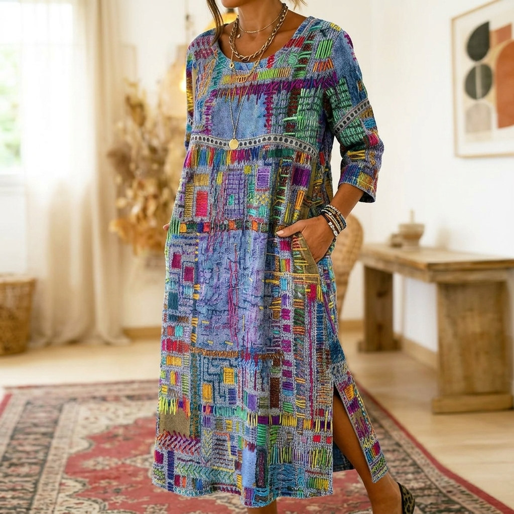 Tessara – Robe midi imprimée artisanale pour femmes avec poches