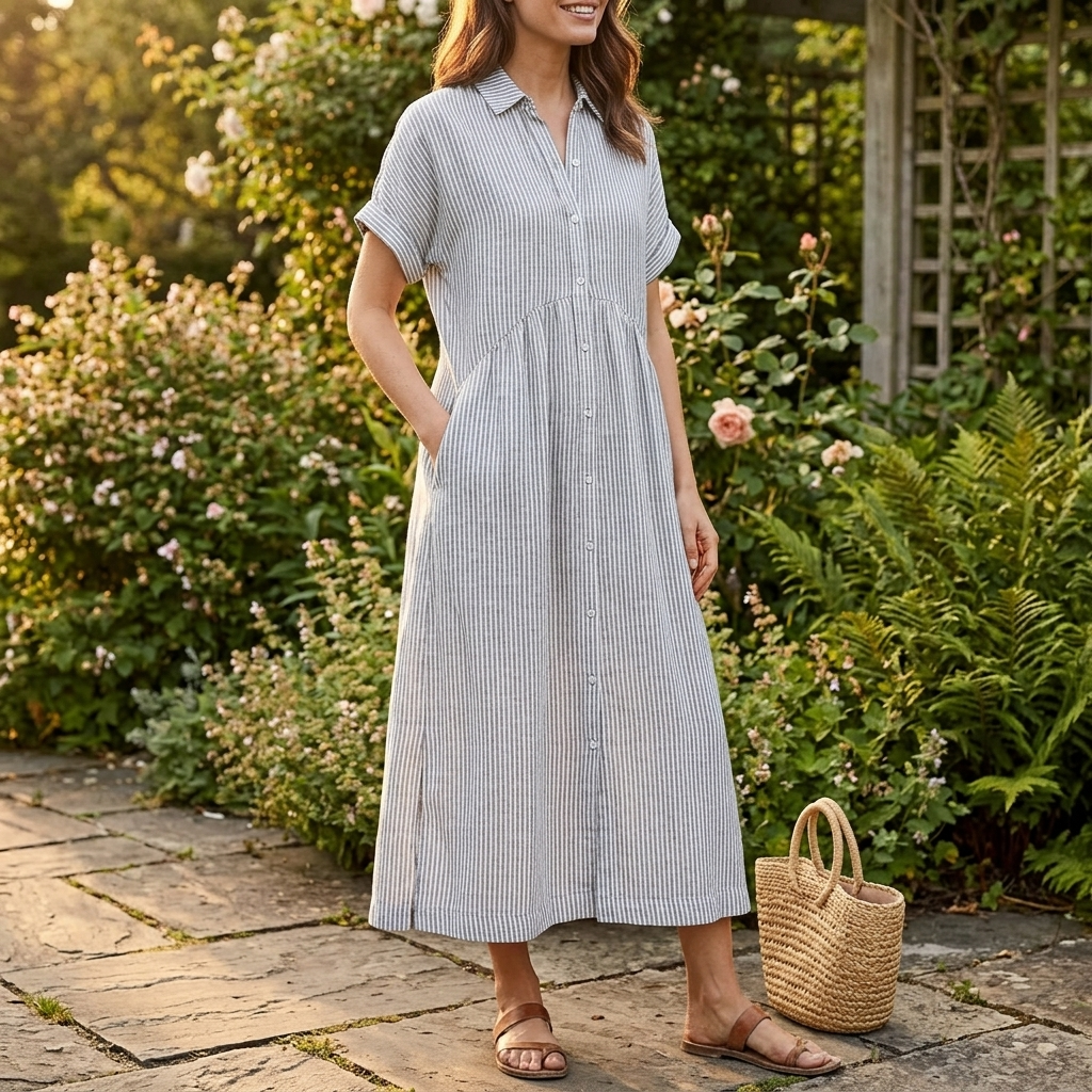 Linara - Robe Chemise Midi Rayée avec Poches