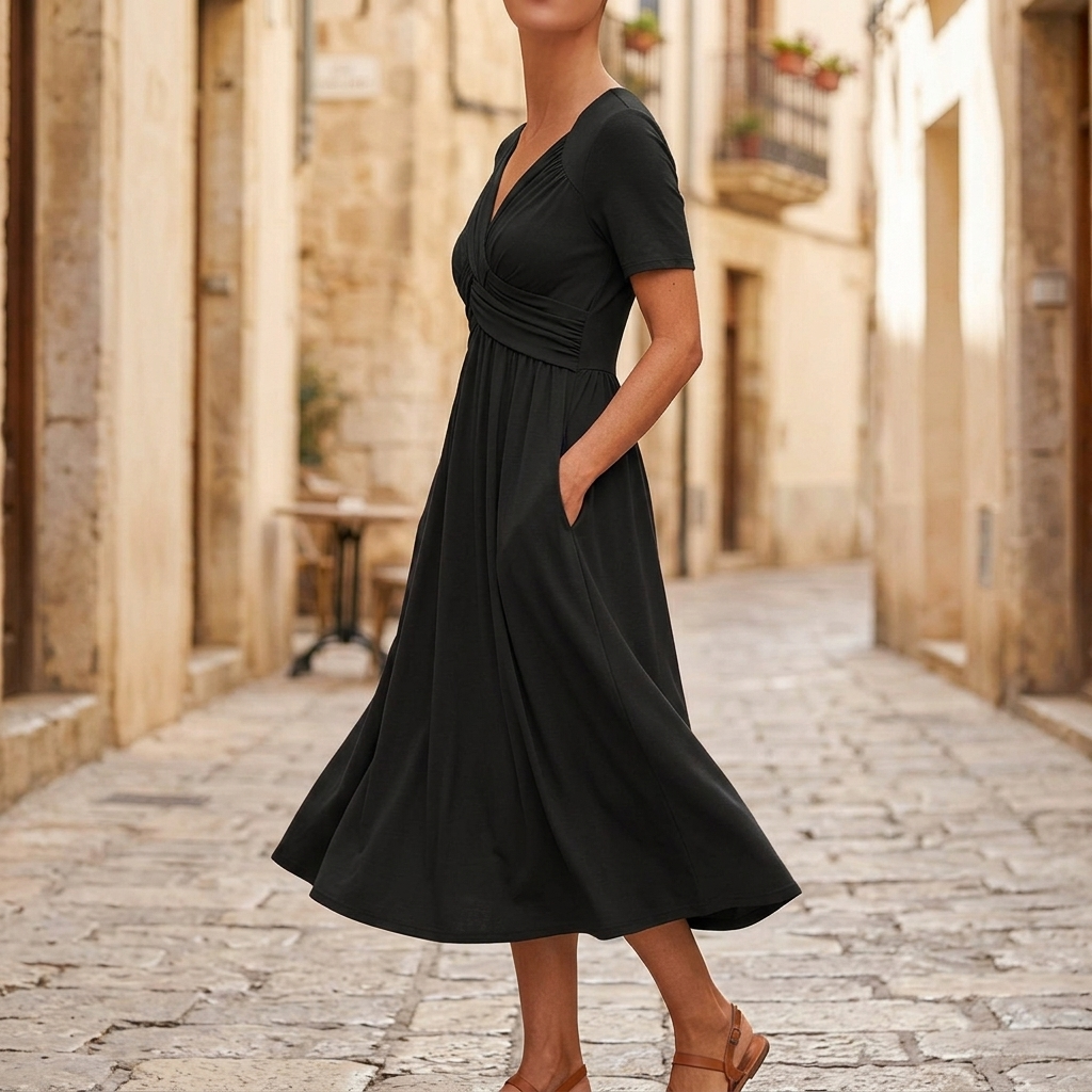 Veluna – Robe midi croisée à col en V avec poches