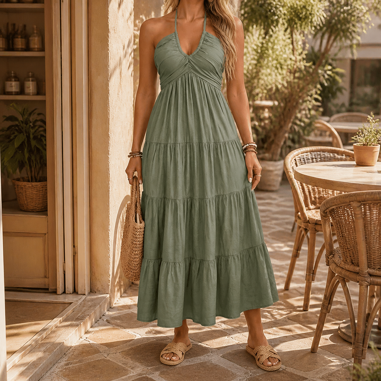 Solenne – Robe maxi fluide à dos nu pour femmes