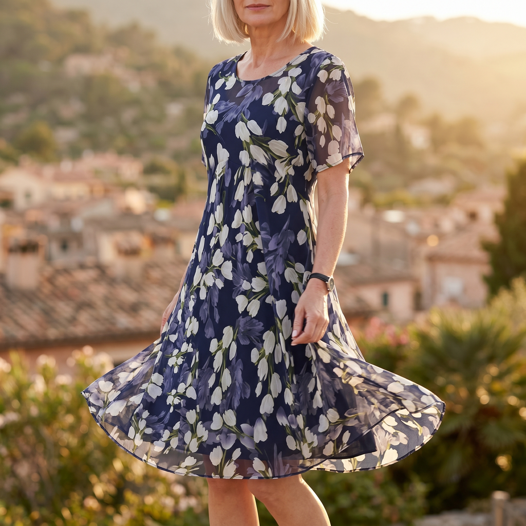 Florenza – Robe Midi Florale Élégante Marine pour Femmes