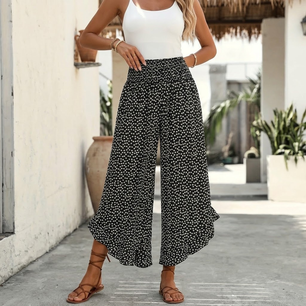 Velura – Pantalon large à volants smockés