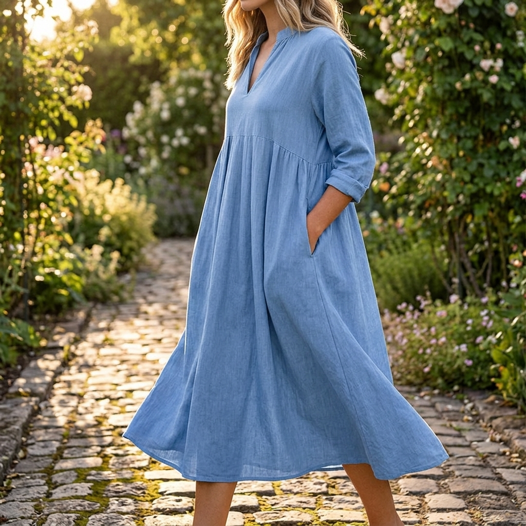 Elara – Robe midi en coton doux pour femmes avec poches