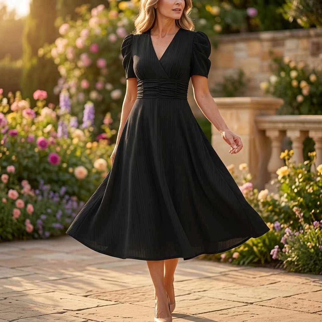 Vivella – Robe midi élégante à manches bouffantes pour femmes