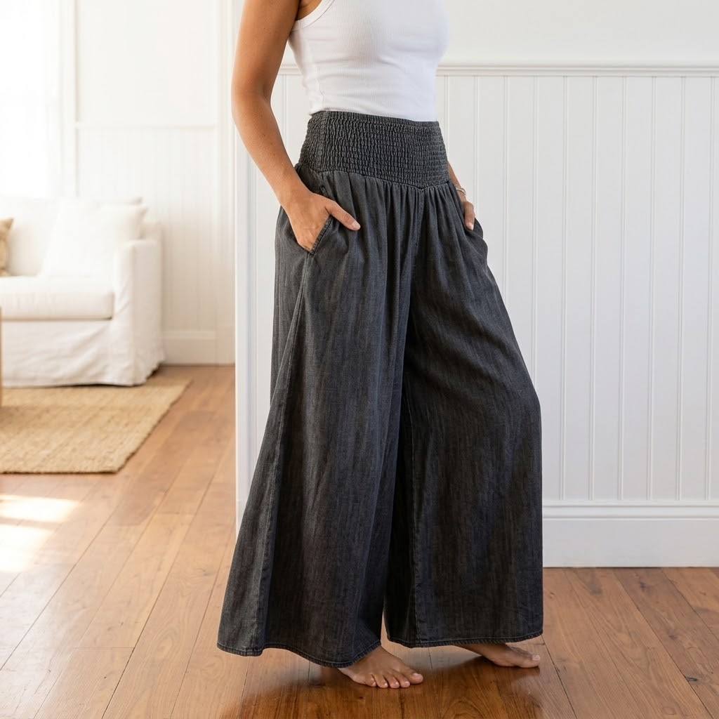 Palazza – Pantalons Palazzo à Taille Smockée et Jambes Amples