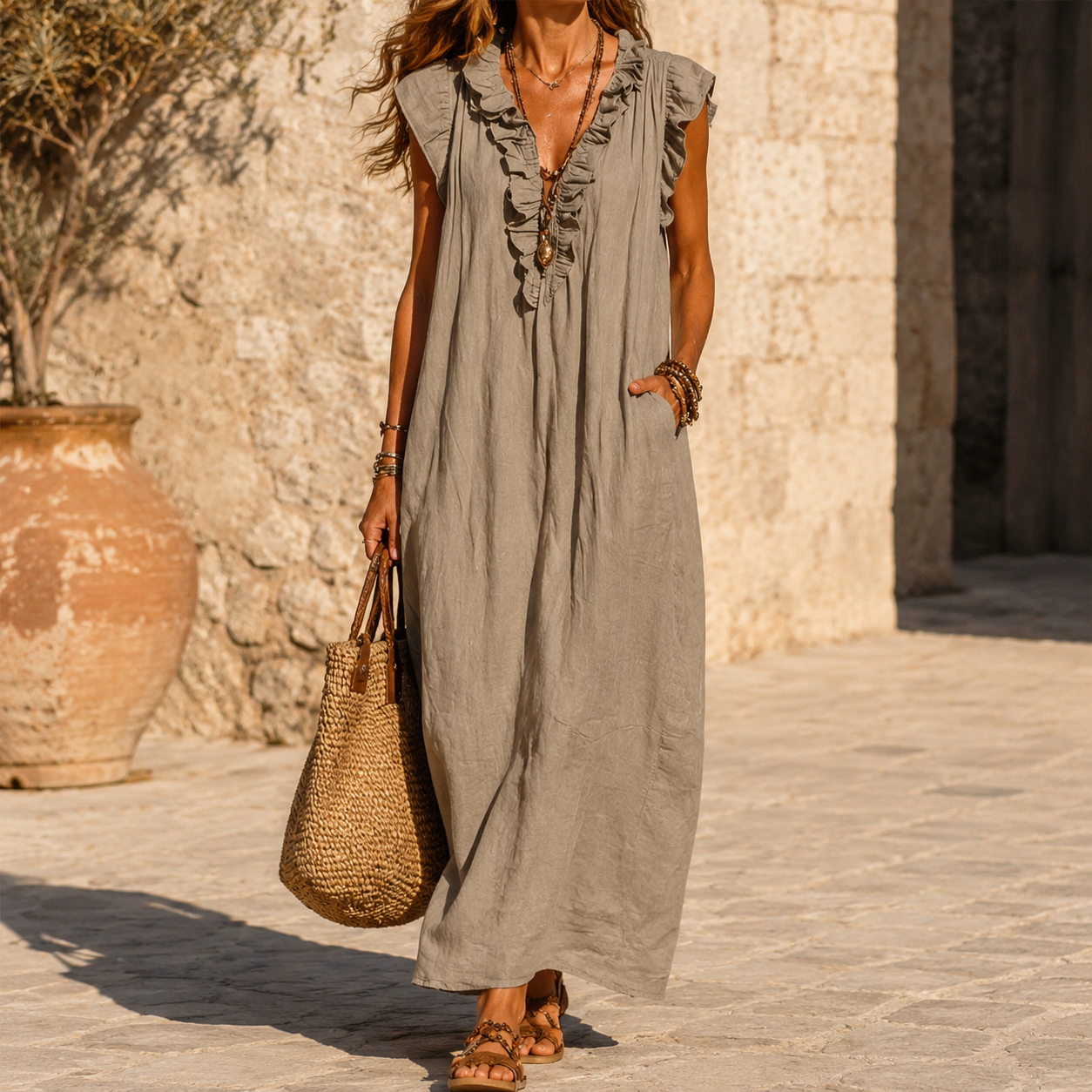 Veluna – Robe Midi Femme à Volants avec Poches