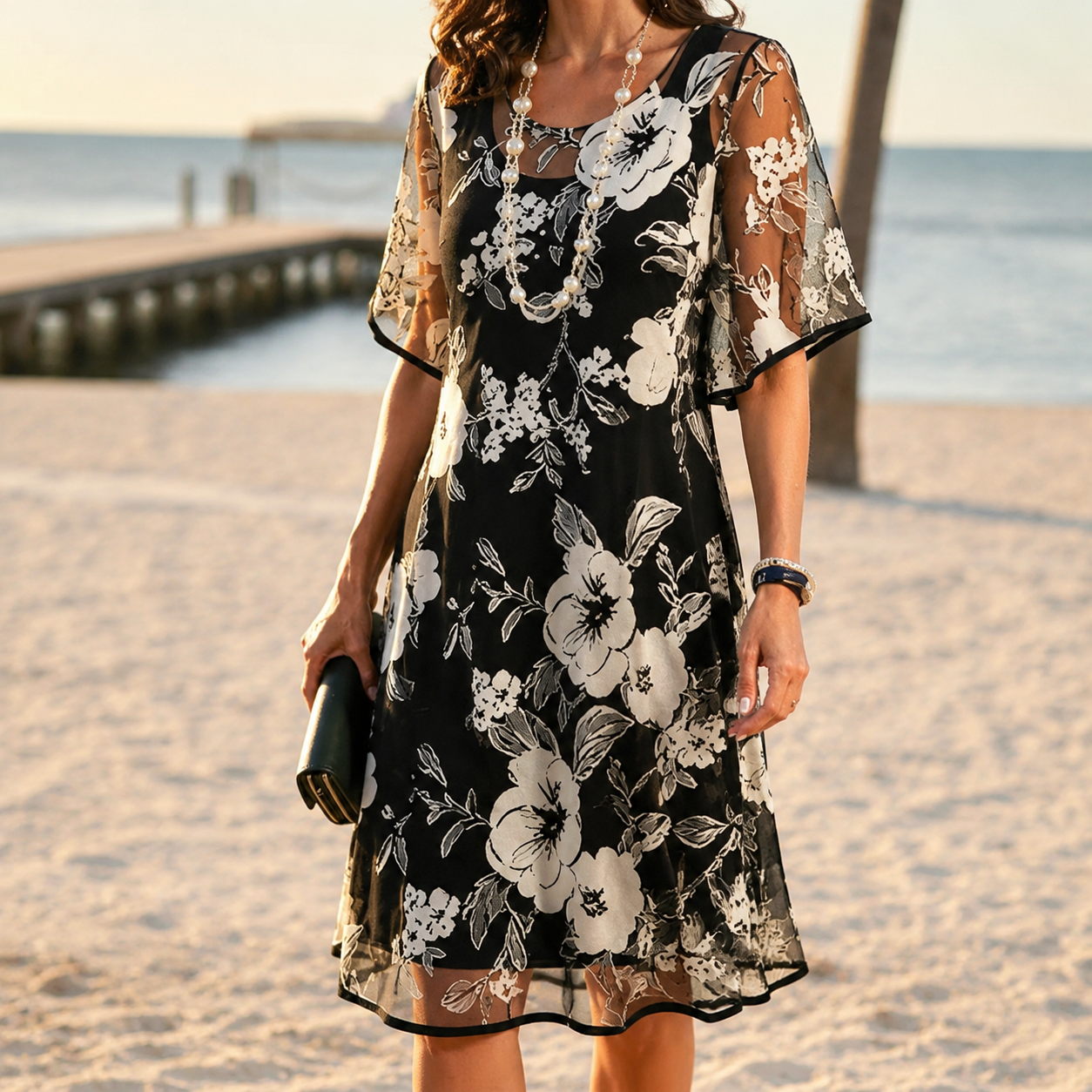 Solenya – Robe en Chiffon Floral pour Femmes avec Superposition Transparente