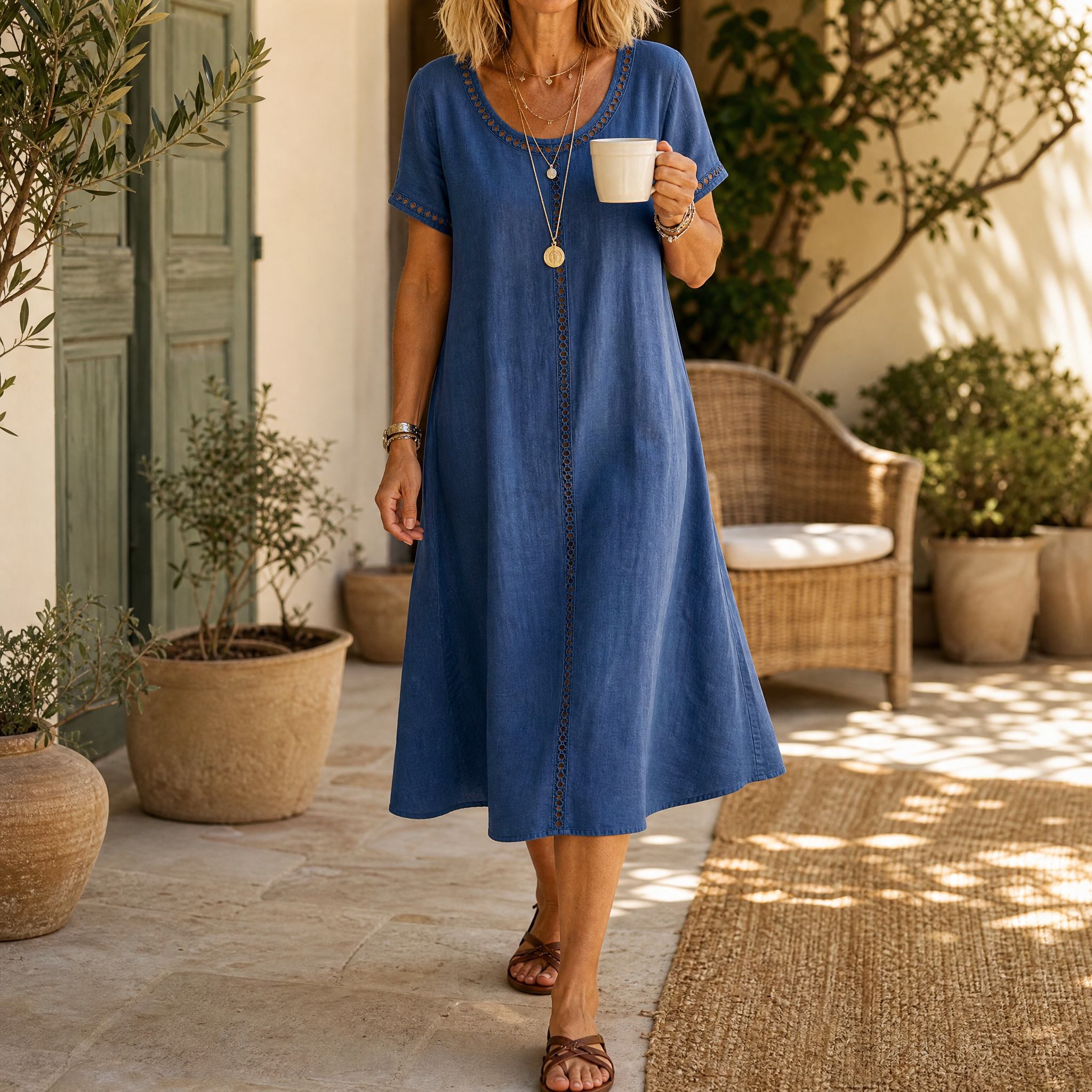 Lunavia – Robe Midi en Lin avec Détails en Broderie