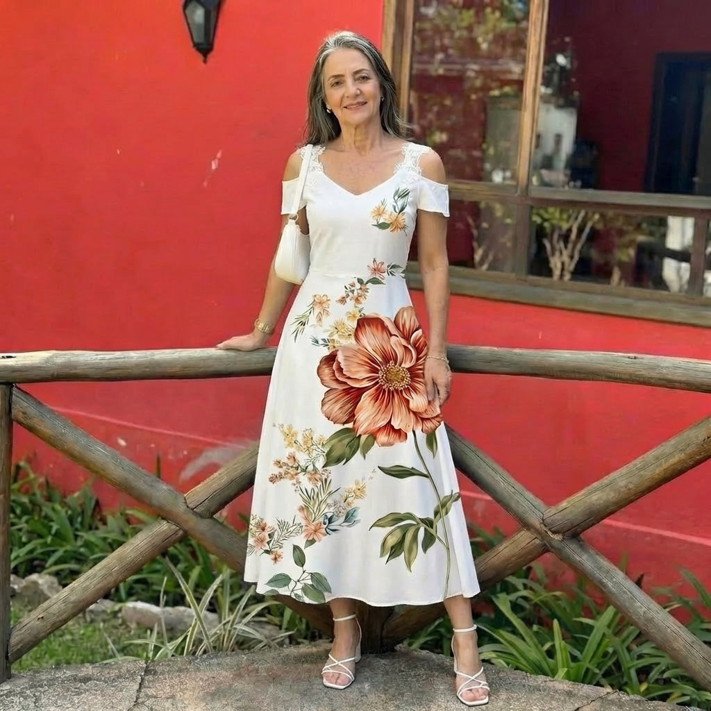 Camila | Robe Midi A-Line Florale à Épaules Dégagées