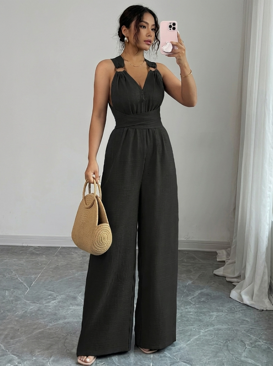 MARYAM™ - Ensemble Jumpsuit et Haut en Dentelle Uni avec Poches