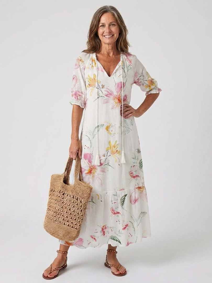 Lillian | Robe Midi à Manches Courtes et Décolleté en V Floral