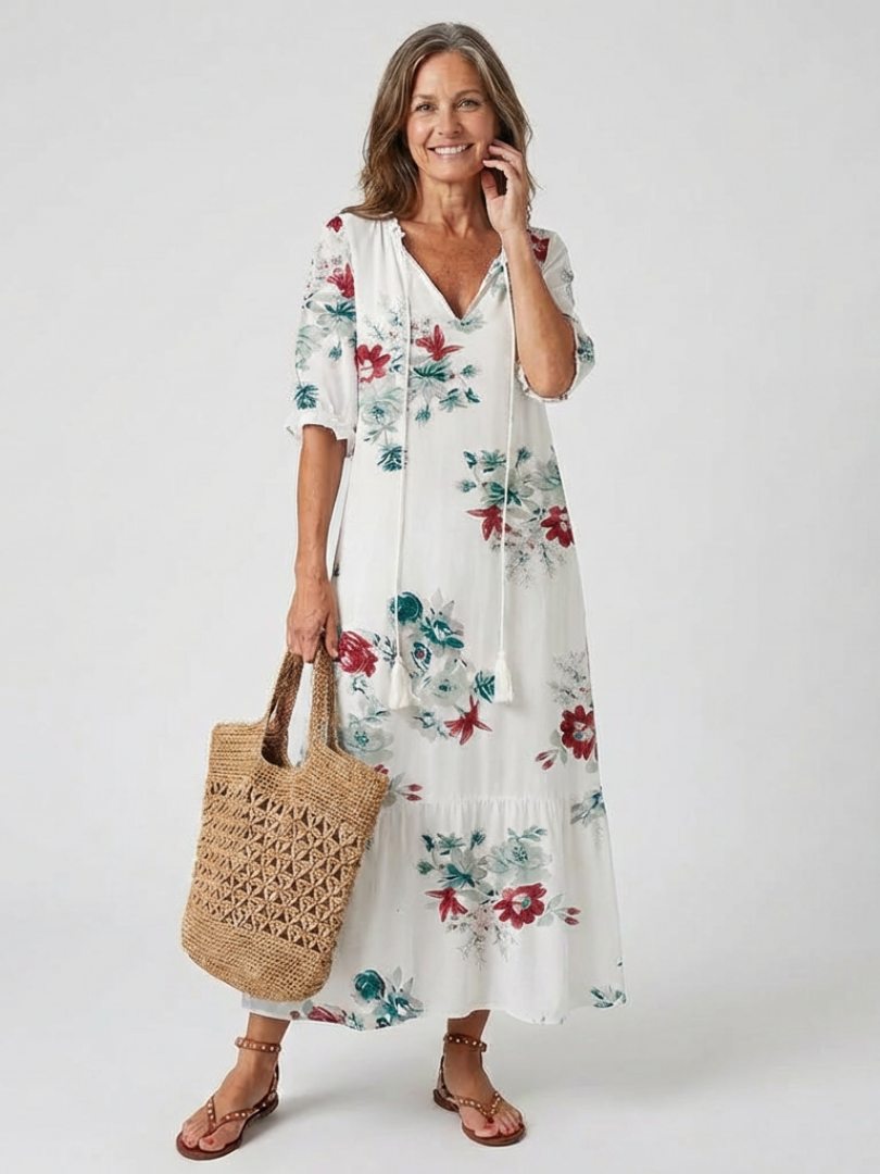 Lillian | Robe Midi à Manches Courtes et Décolleté en V Floral