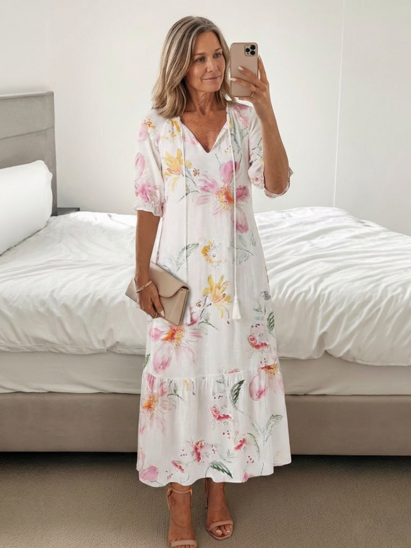 Lillian | Robe Midi à Manches Courtes et Décolleté en V Floral