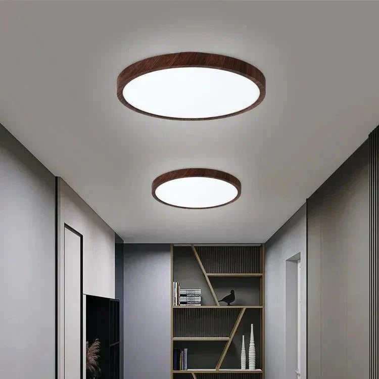 Lampe de Plafond Circulaire Moderne avec Éclairage LED Réglable en Couleur Noyer Chaud pour Salon et Chambre