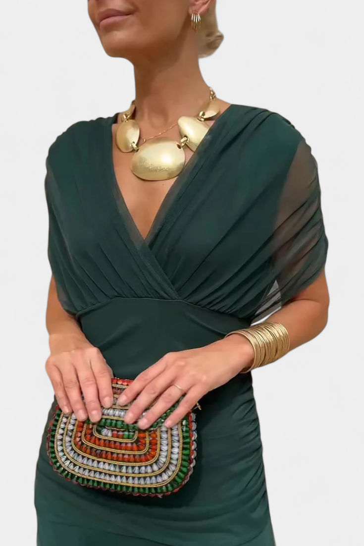 Robe longue femme — décolleté en V et corps froncé — mariage