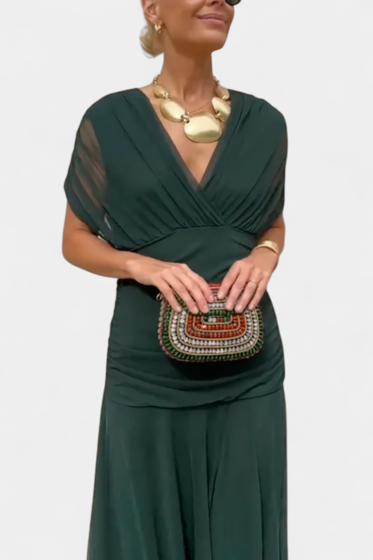 Robe longue femme — décolleté en V et corps froncé — mariage