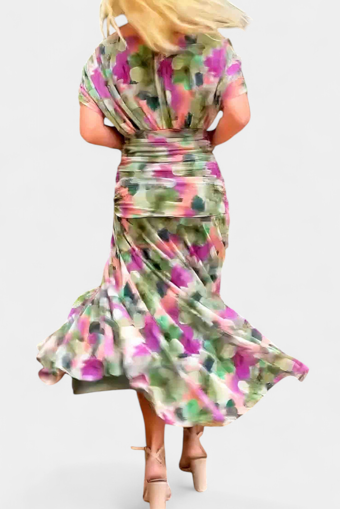 Robe longue femme — décolleté en V et corps froncé — mariage
